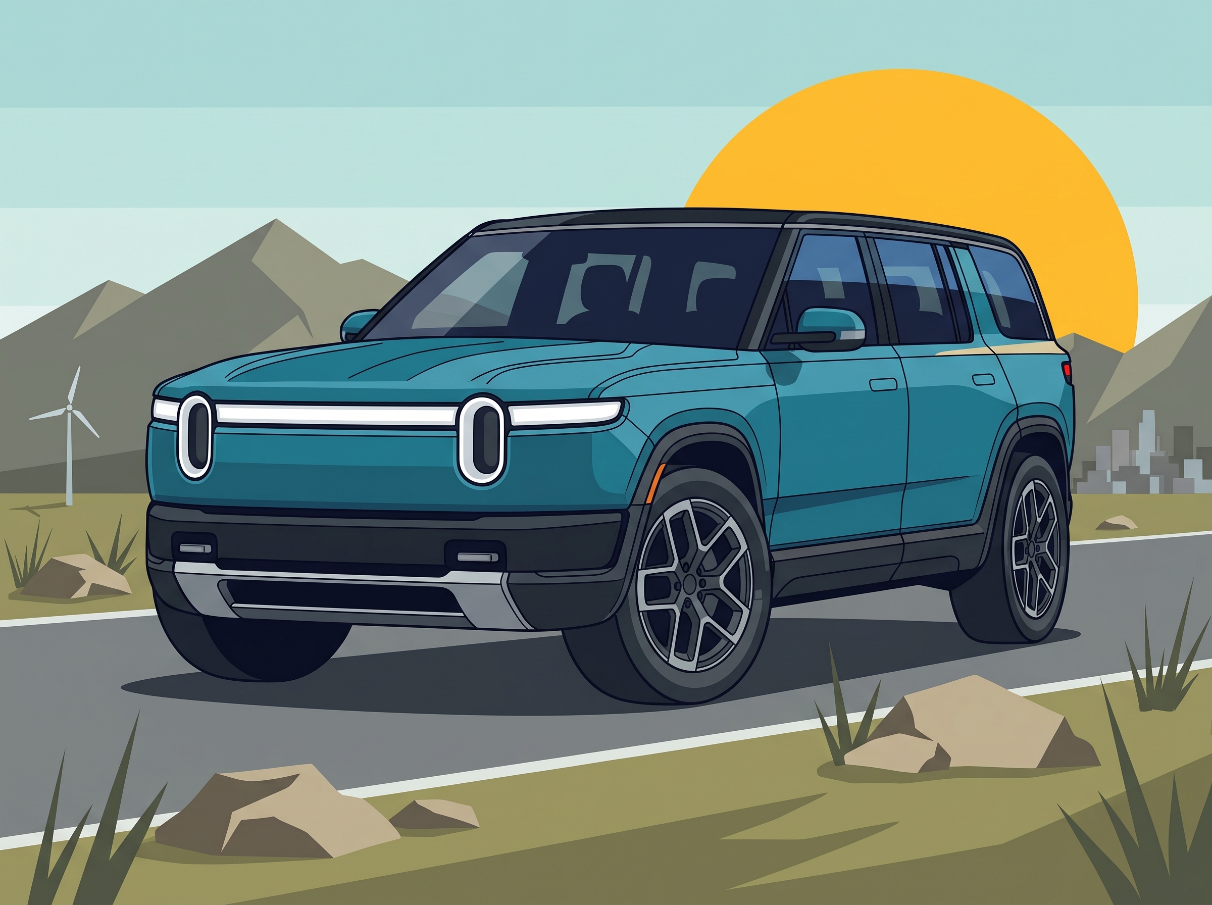 Original illustration of a teal R2 on an open road, with mountains and a golden sun.